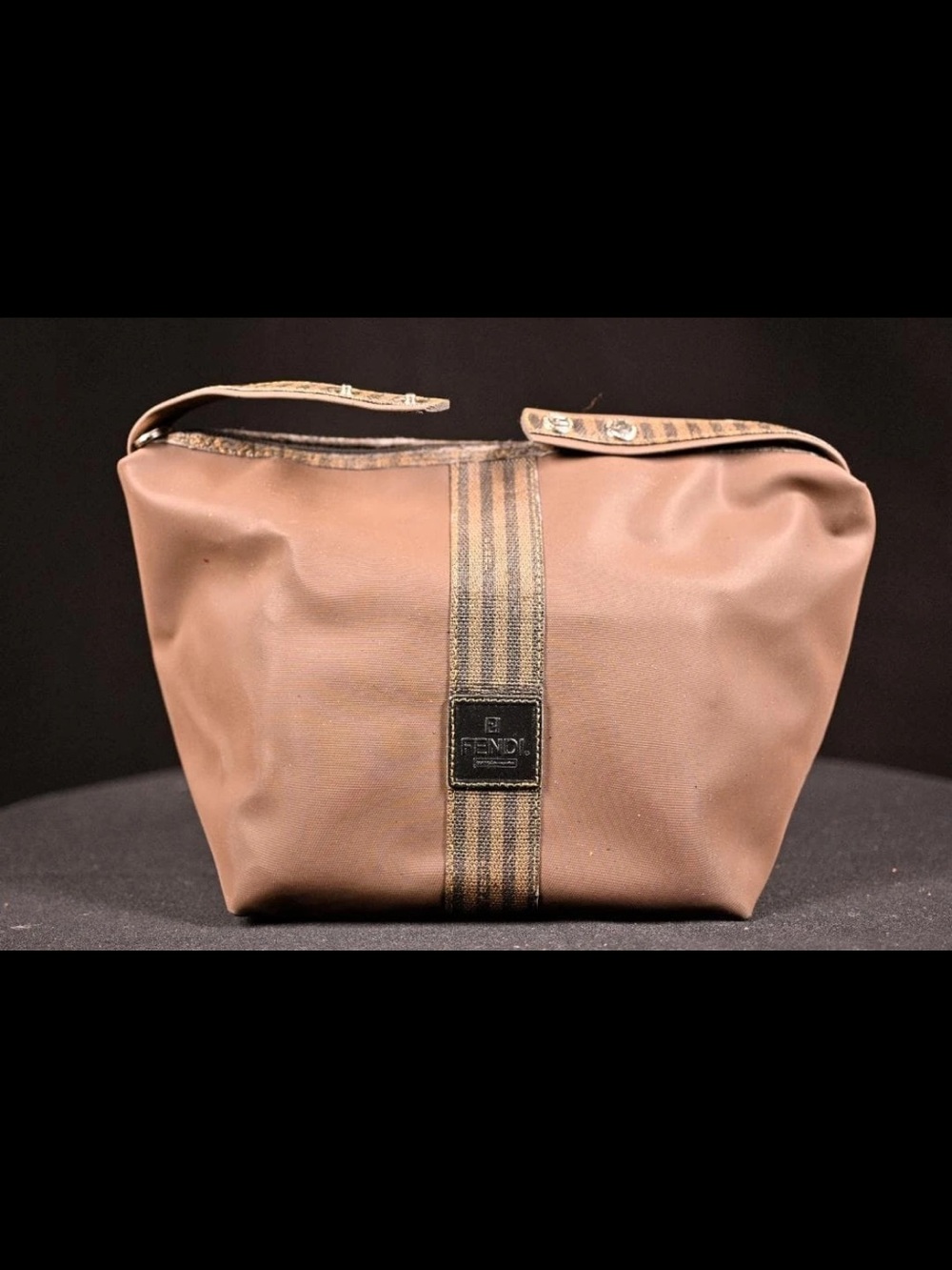 Fendi Brown Cosmetic Pouch with Striped Web Detail